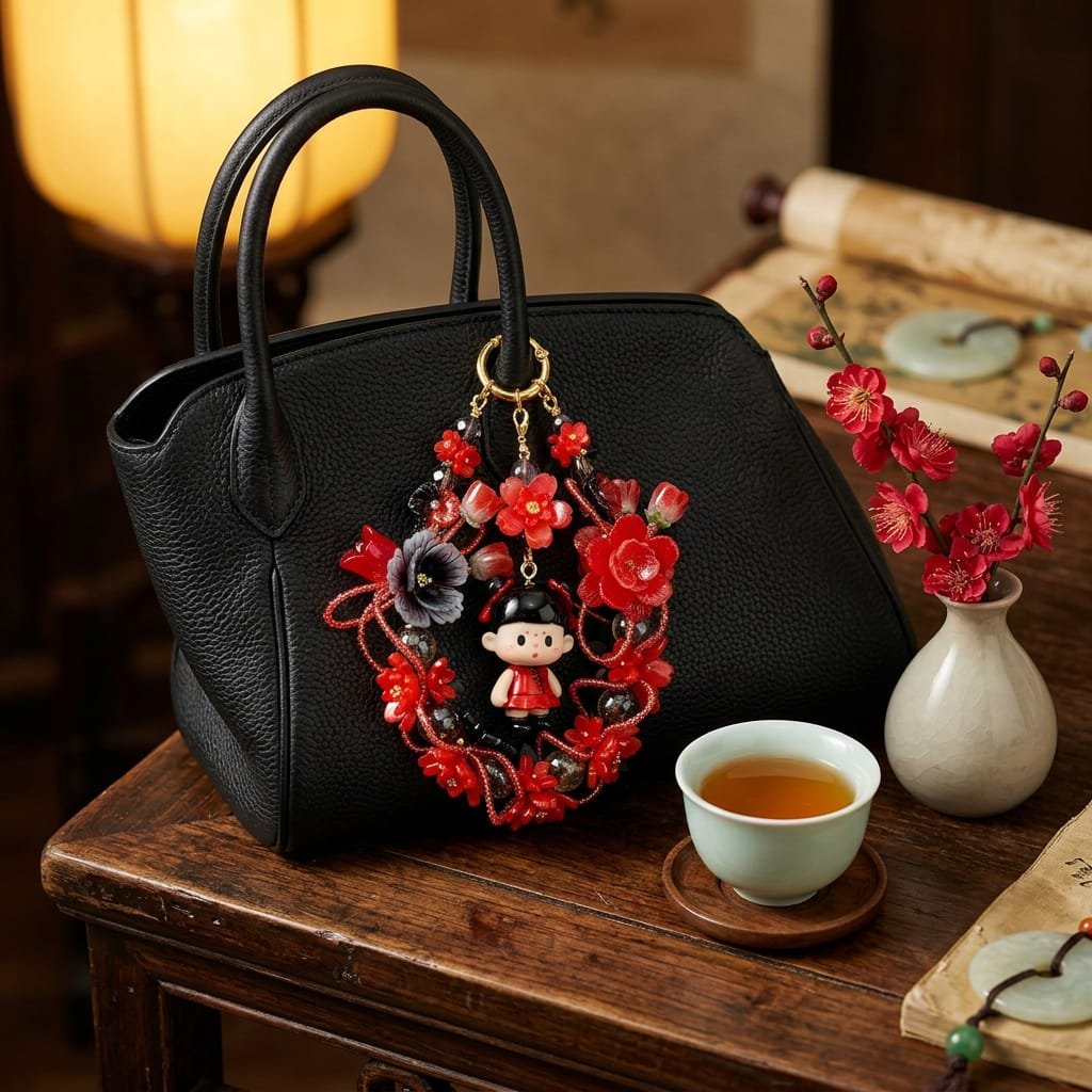 Handmade Red Black Chinese Style Charm | Kawaii Doll Car Mirror Pendant | Traditional Floral Wreath Bag Accessory
