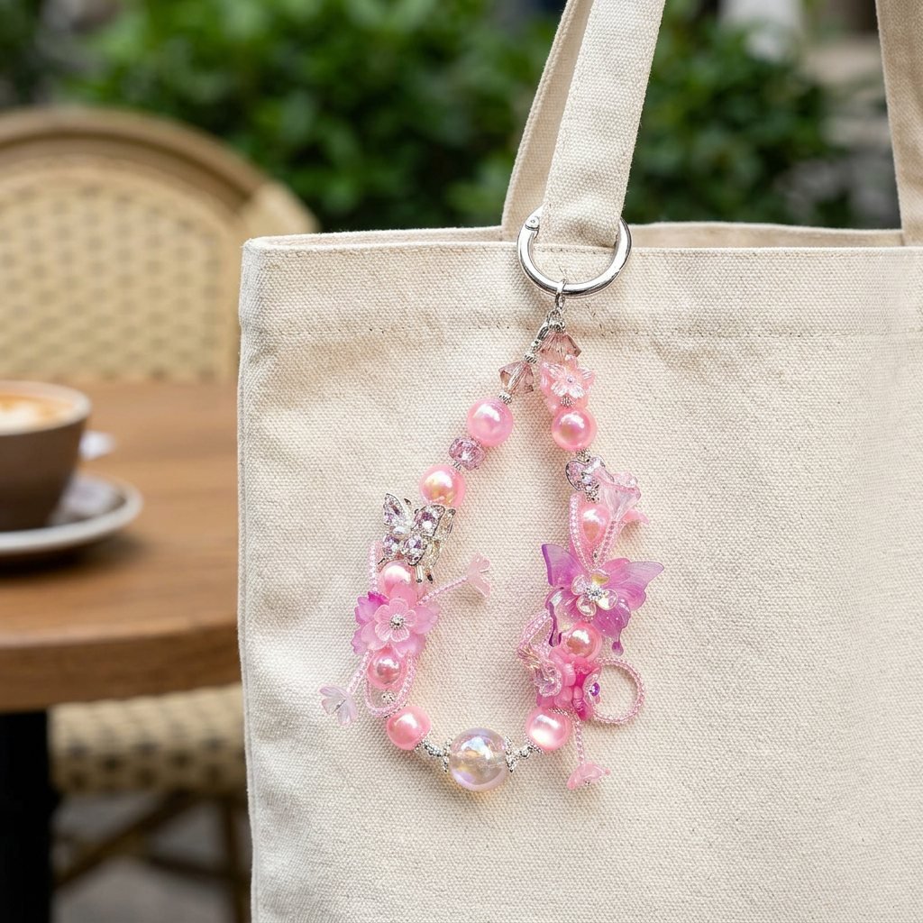 02_Pink_Bag.jpg Handmade Butterfly Beaded Charm, Y2K Aesthetic Car Mirror Hanging, Cute Flower Bag Pendant, Gift for Her