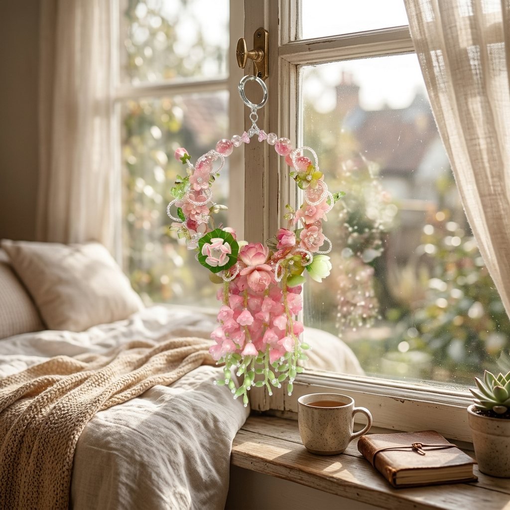 02_Window.jpg Handmade Pink & Green Floral Wreath Charm | Kawaii Bag Keychain Car Mirror Room Decor Pendant