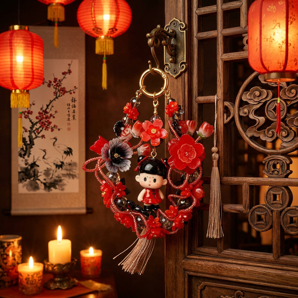 Handmade Red Black Chinese Style Charm | Kawaii Doll Car Mirror Pendant | Traditional Floral Wreath Bag Accessory