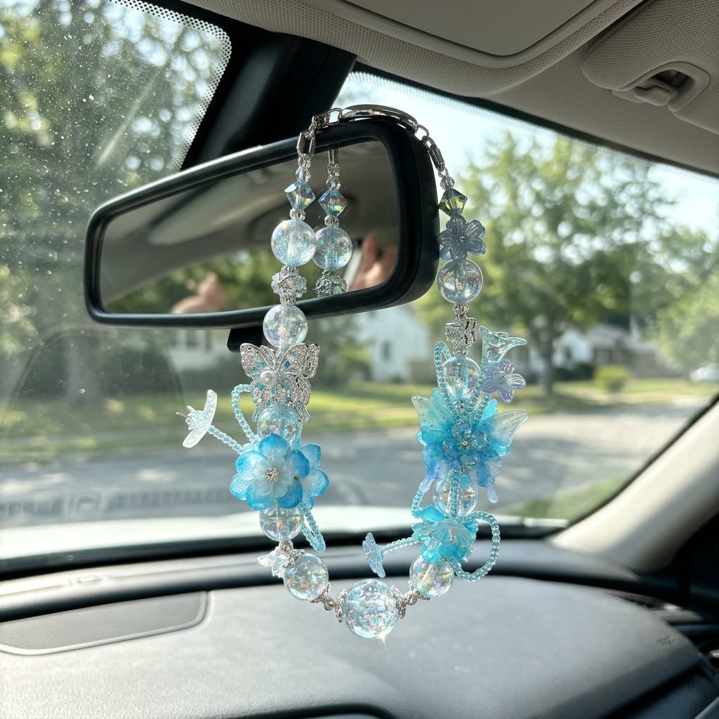 03_Blue_Car.jpg Handmade Butterfly Beaded Charm, Y2K Aesthetic Car Mirror Hanging, Cute Flower Bag Pendant, Gift for Her