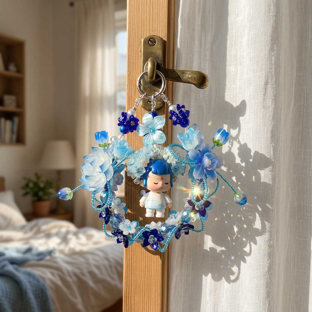 04_35a3f683-22d4-4ff3-989f-d7c08a57e17e.png Handmade Blue Floral Wreath Charm | Kawaii Boy Doll Car Mirror Pendant | Ocean Room Decor Gift