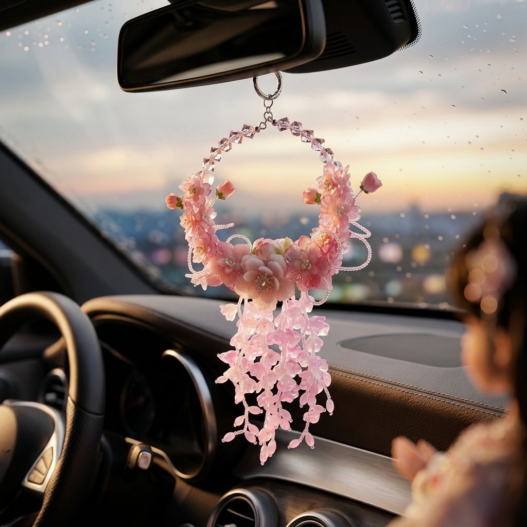 04_Car_Mirror_4cdbc762-fc11-4855-aa8a-3b5c78d8ebb8.jpg Handmade Pink Doll Floral Charm | Kawaii Doll Bag Keychain | Car Mirror Pendant | Cute Coquette Gift