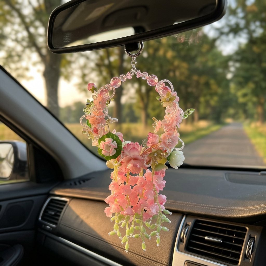 04_Car_Mirror_6b5c4b9d-01ae-40a8-bd86-2b4d34ed1283.jpg Handmade Pink & Green Floral Wreath Charm | Kawaii Bag Keychain Car Mirror Room Decor Pendant