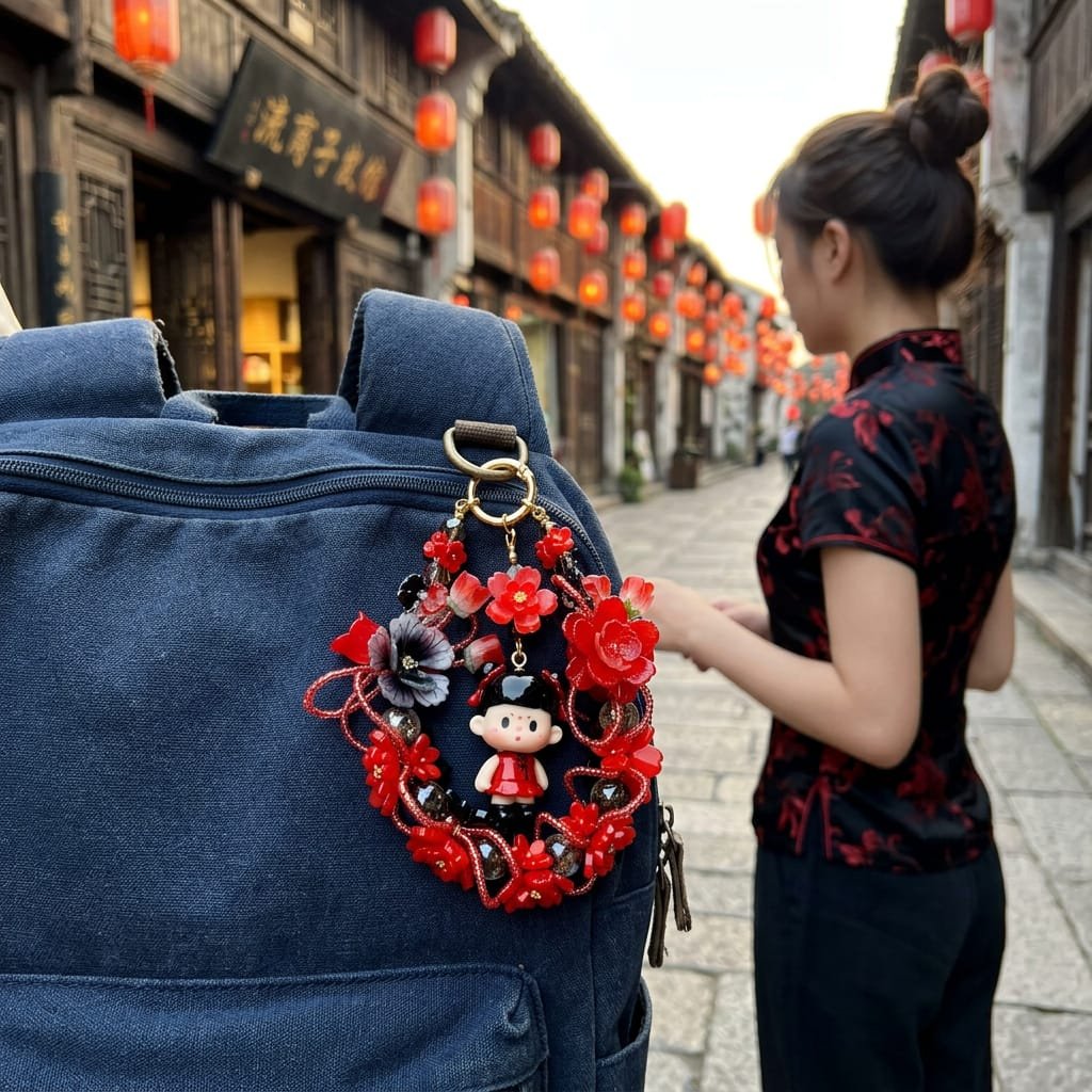 Handmade Red Black Chinese Style Charm | Kawaii Doll Car Mirror Pendant | Traditional Floral Wreath Bag Accessory