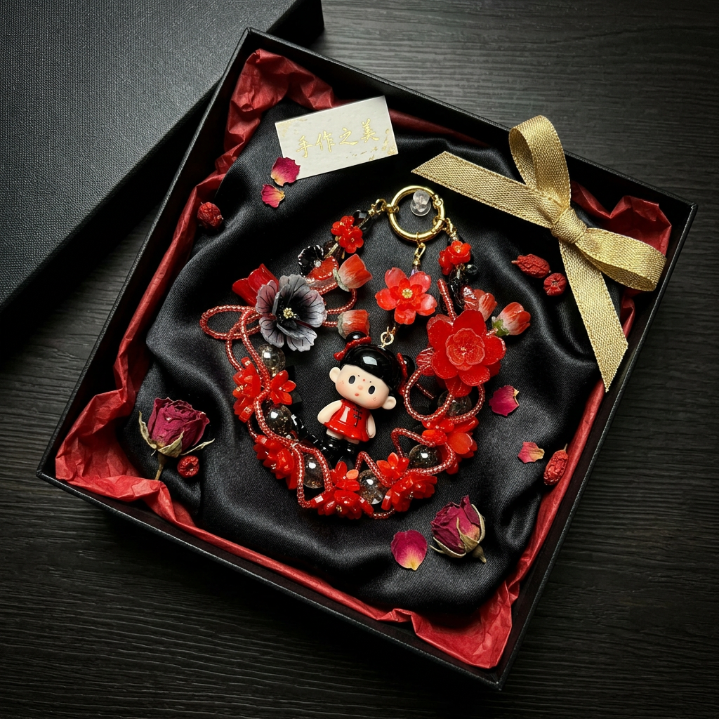 Handmade Red Black Chinese Style Charm | Kawaii Doll Car Mirror Pendant | Traditional Floral Wreath Bag Accessory