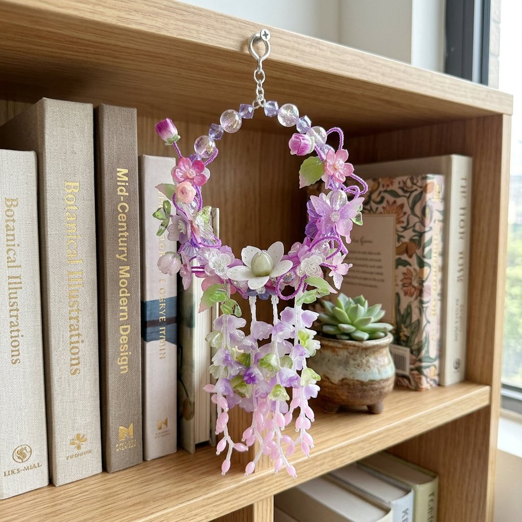 05_Bookshelf_5ff621f8-d3b4-4b7b-8cbf-d6f01e79d126.jpg Handmade Purple Floral Wreath Charm | Lavender Kawaii Bag Keychain | Car Mirror Pendant | Dreamy Aesthetic Gift