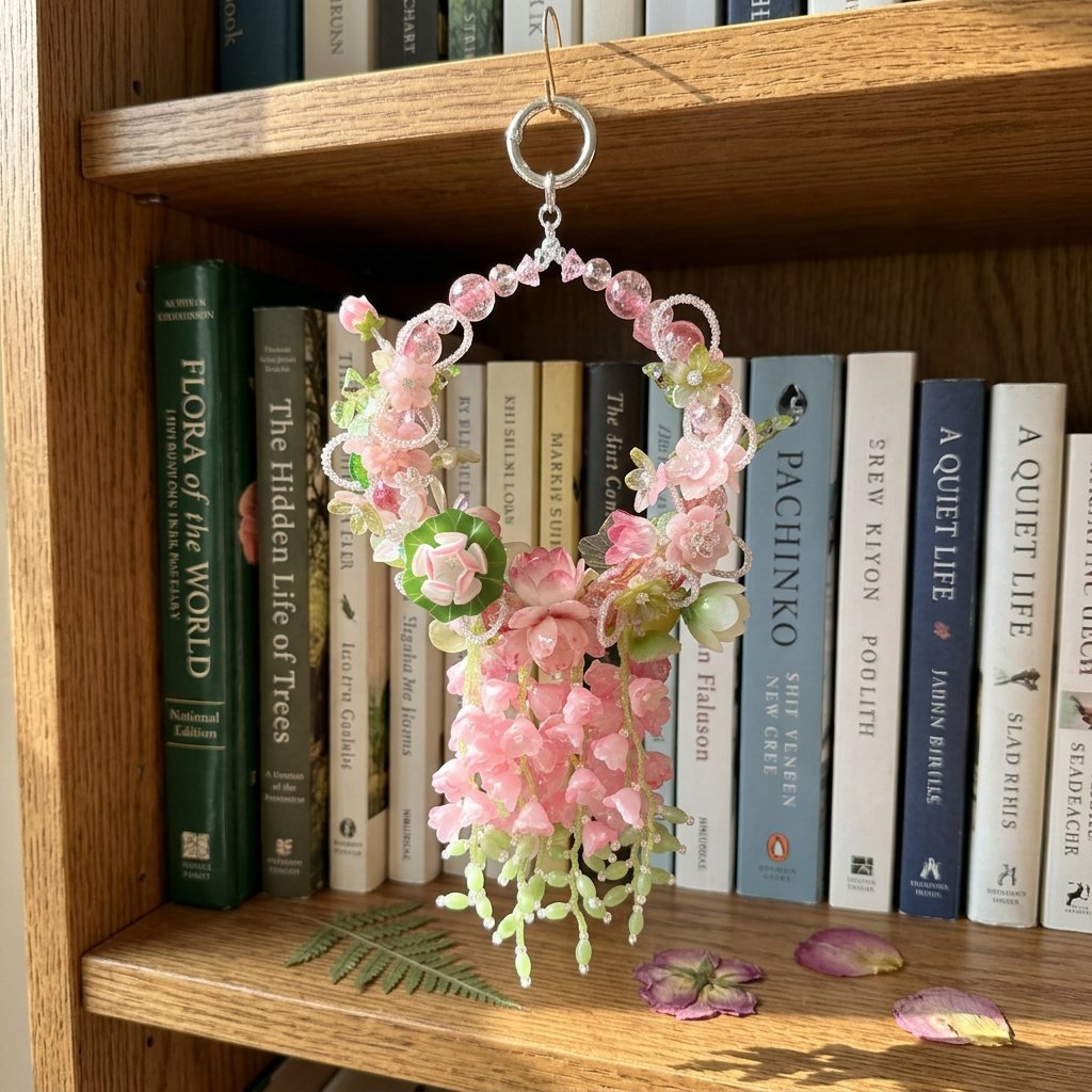 05_Bookshelf_d90da7ee-5f7e-42bb-bbcf-4f3e293b4d2e.jpg Handmade Pink & Green Floral Wreath Charm | Kawaii Bag Keychain Car Mirror Room Decor Pendant