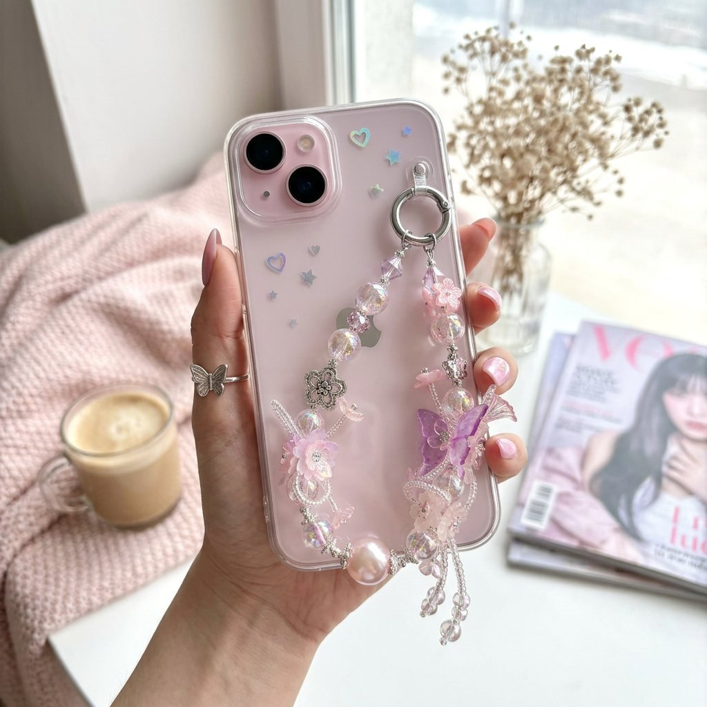 05_Pink_Phone_Charm.jpg Handmade Butterfly Beaded Charm, Y2K Aesthetic Car Mirror Hanging, Cute Flower Bag Pendant, Gift for Her