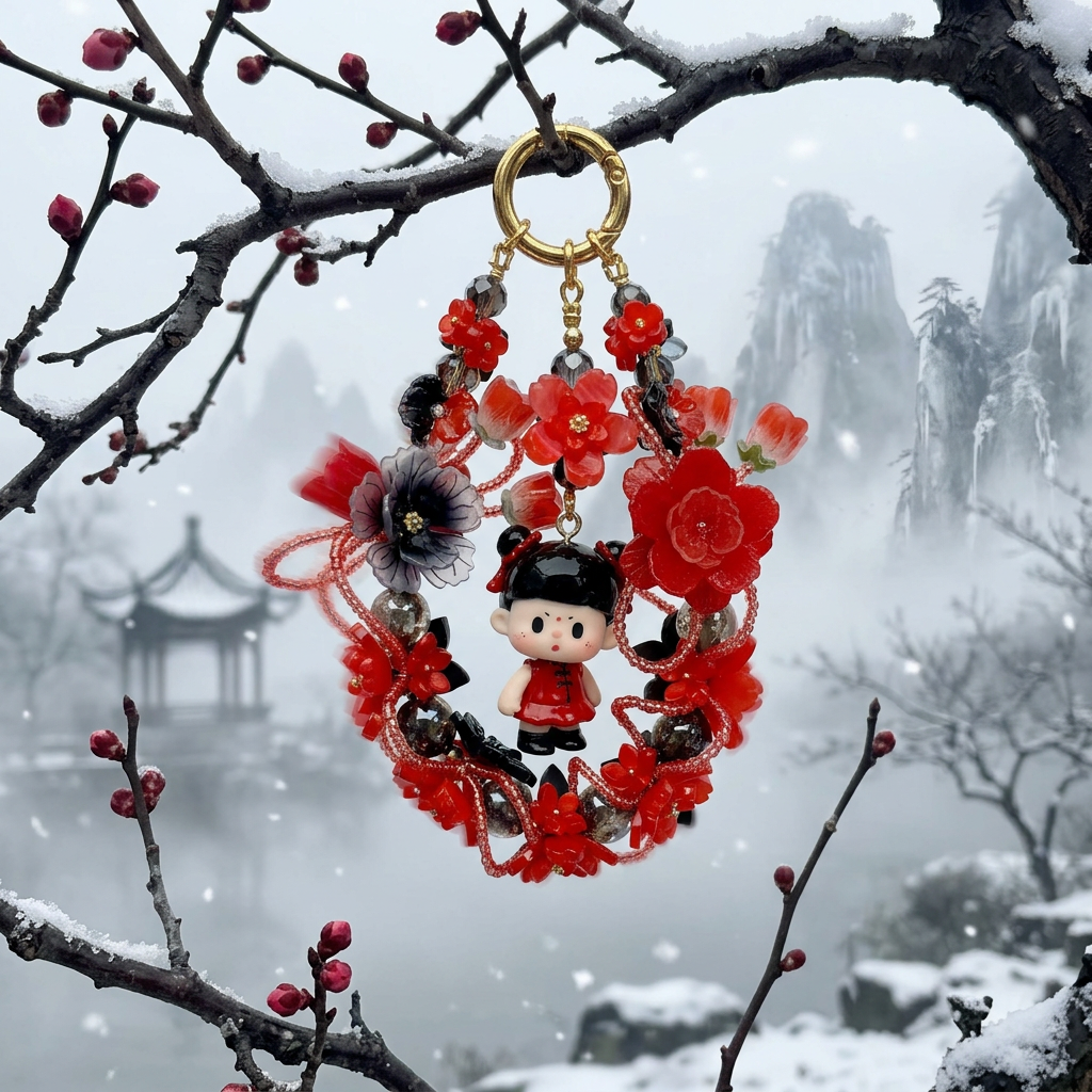 Handmade Red Black Chinese Style Charm | Kawaii Doll Car Mirror Pendant | Traditional Floral Wreath Bag Accessory