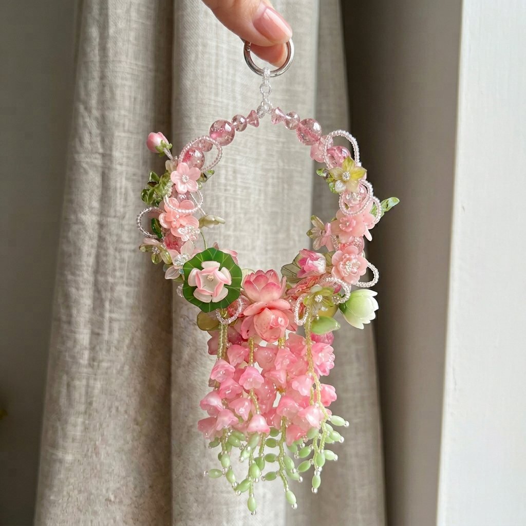 06_Hand_Scale_33d33810-492e-4a53-9b54-0401eb47eff9.jpg Handmade Pink & Green Floral Wreath Charm | Kawaii Bag Keychain Car Mirror Room Decor Pendant
