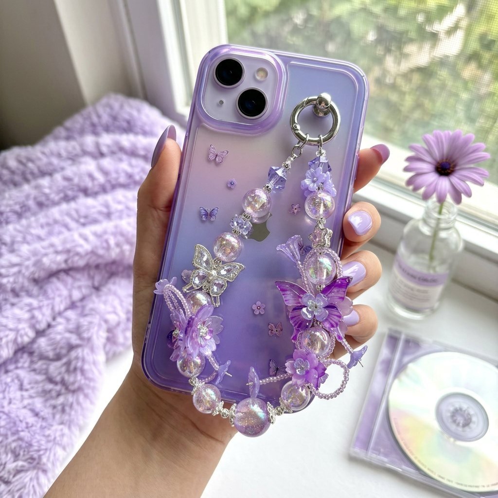 06_Purple_Phone_Charm.jpg Handmade Butterfly Beaded Charm, Y2K Aesthetic Car Mirror Hanging, Cute Flower Bag Pendant, Gift for Her