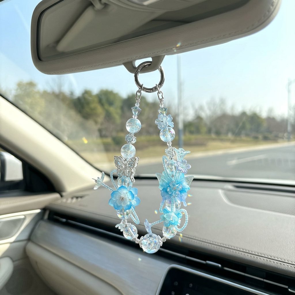 07_Pink_Car_Charm.jpg Handmade Butterfly Beaded Charm, Y2K Aesthetic Car Mirror Hanging, Cute Flower Bag Pendant, Gift for Her