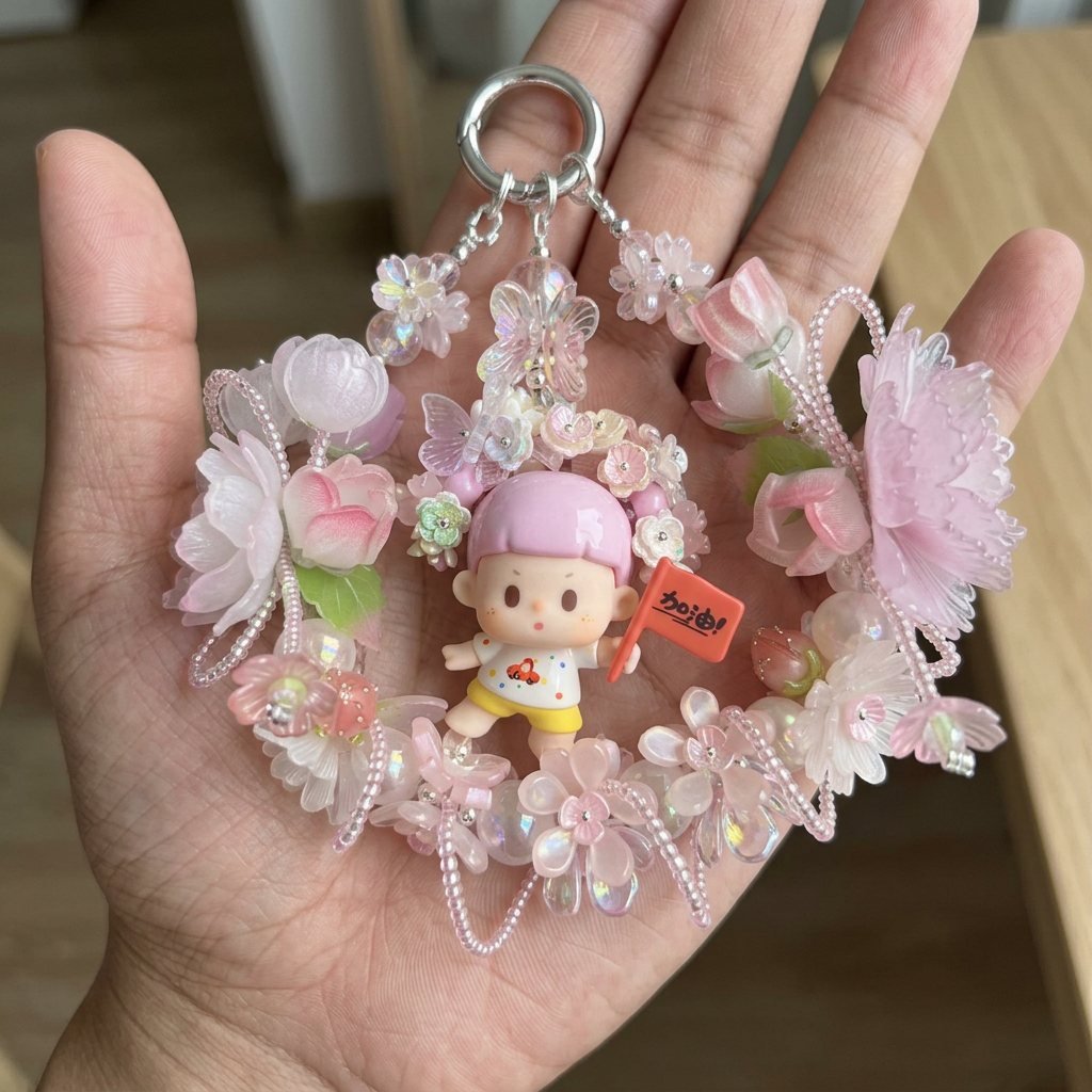 07d0f96b2bd89e1b1b031e3db4e6519b.jpg Handmade Pink Flag Floral Doll Charm | Kawaii Bag Keychain Car Mirror Pendant Gift