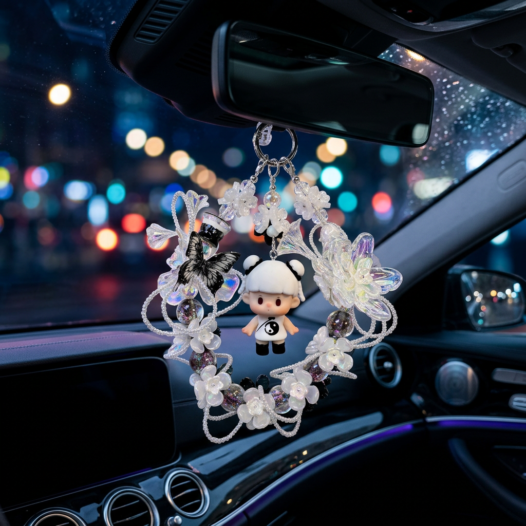 1_34f4d97d-4be1-48cd-887f-c4ab65112fb1.png Handmade Black White Floral Wreath Charm | Panda Doll Car Mirror Bag Pendant | Gothic Kawaii Gift