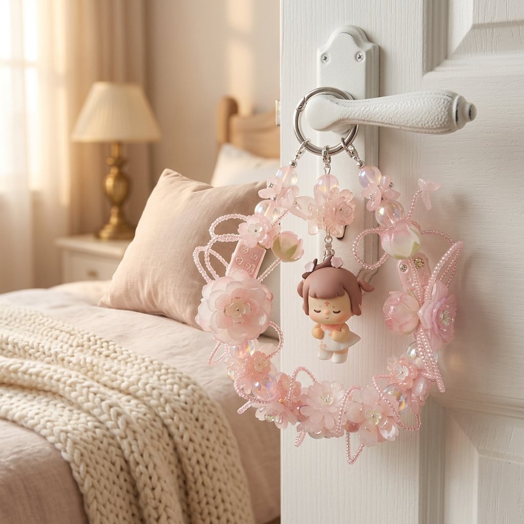 21675a9848cb0d767f44595b230595bf.jpg Handmade Brown Hair Pink Floral Doll Charm | Kawaii Bag Keychain Car Mirror Pendant