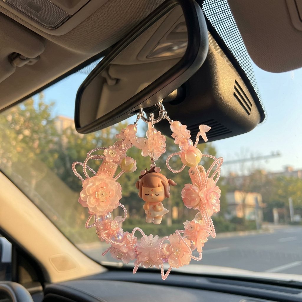 272533982290ebd63c31475c50bba4c6.jpg Handmade Brown Hair Pink Floral Doll Charm | Kawaii Bag Keychain Car Mirror Pendant