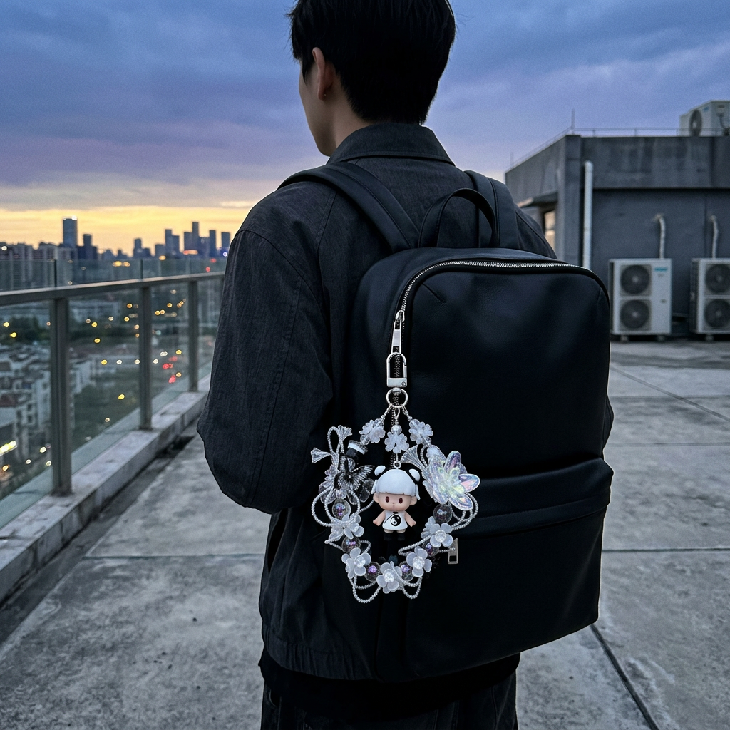 2_6071b40f-70aa-45a3-a14b-6ffe5824db18.png Handmade Black White Floral Wreath Charm | Panda Doll Car Mirror Bag Pendant | Gothic Kawaii Gift