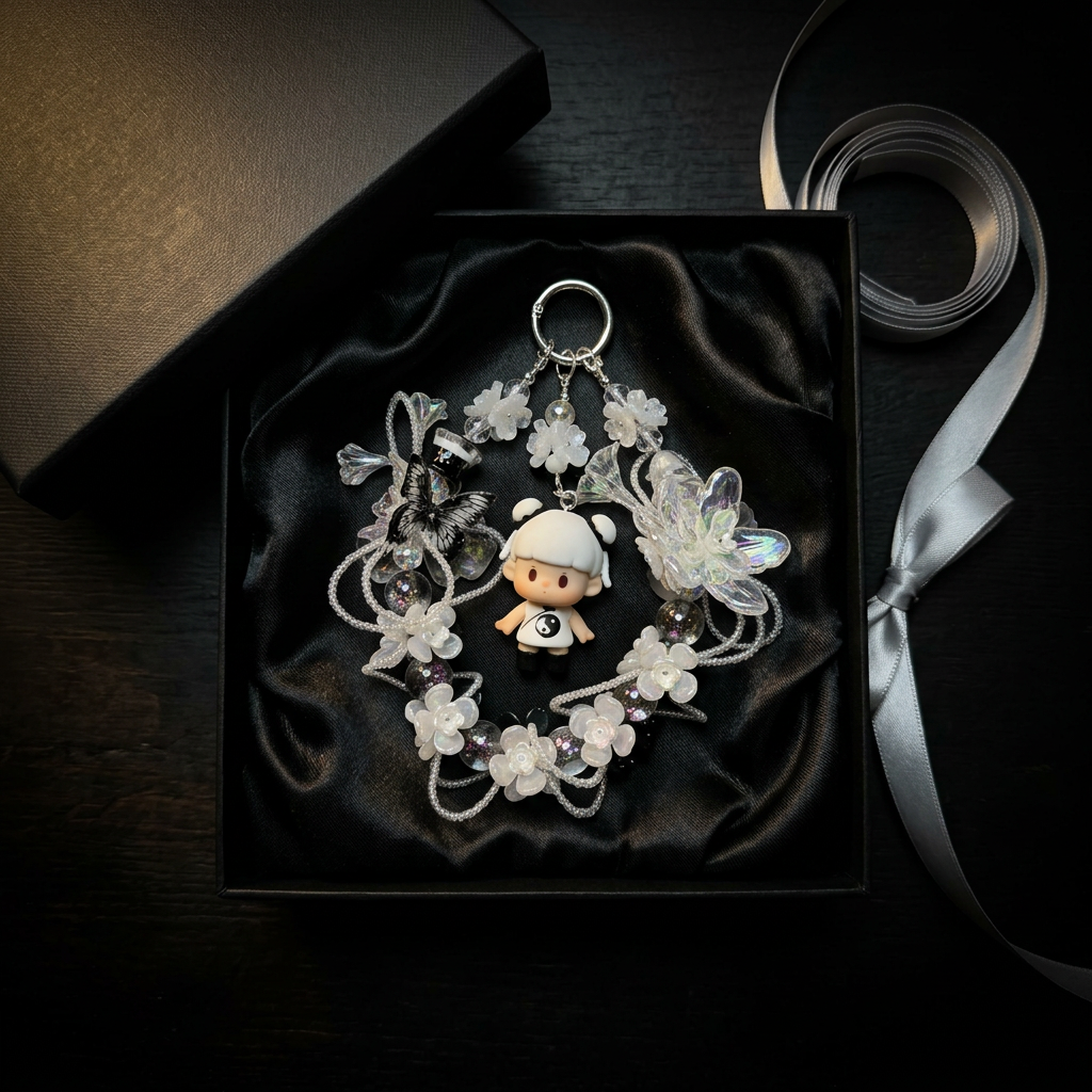 3_ba9de1dd-6fb6-4bbc-ba87-e52aa41482ac.png Handmade Black White Floral Wreath Charm | Panda Doll Car Mirror Bag Pendant | Gothic Kawaii Gift