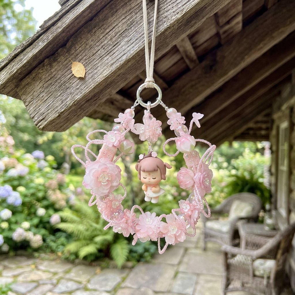 405cb9ffc7bf3658016ffd4e8d0b03dc.jpg Handmade Brown Hair Pink Floral Doll Charm | Kawaii Bag Keychain Car Mirror Pendant