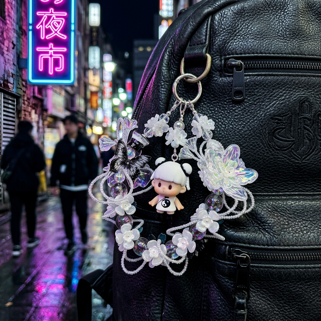 5_74514d43-78f5-4d32-b65e-6ab0e4628634.png Handmade Black White Floral Wreath Charm | Panda Doll Car Mirror Bag Pendant | Gothic Kawaii Gift