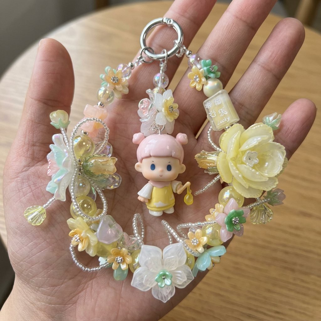 Handmade Yellow Pink Floral Doll Charm | Kawaii Bag Keychain Car Mirror Pendant