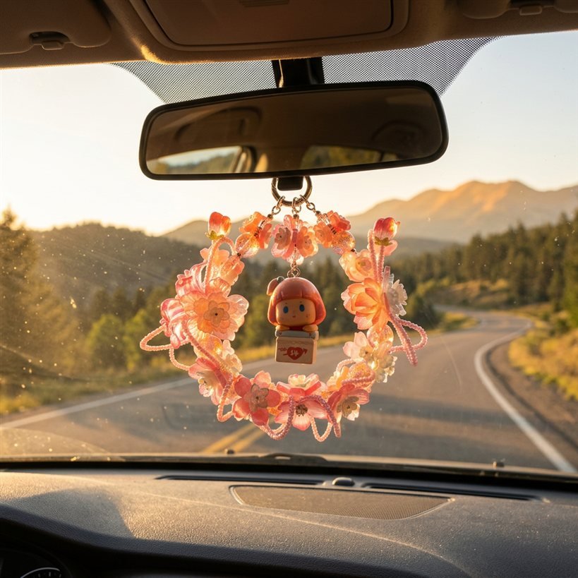 727e6cc10ce8846a4bf4c36bce84f095.jpg Handmade Pink Floral Wreath Charm | Kawaii Bag Keychain Car Mirror Pendant