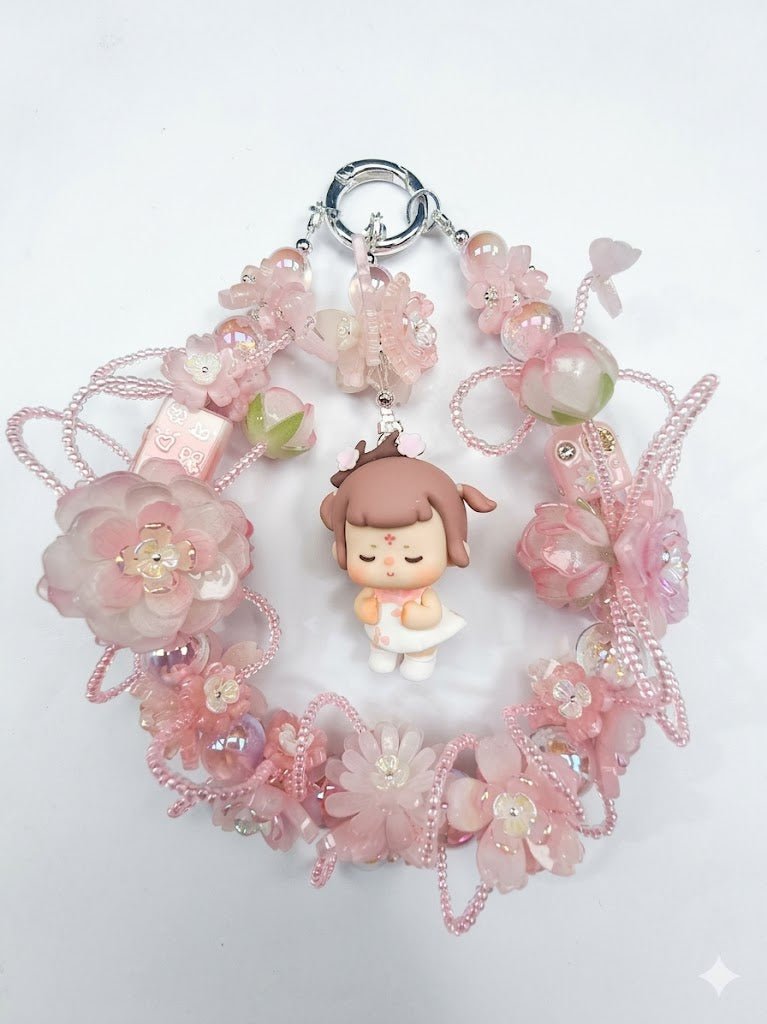821319435fff7195195121a67d527b9c.jpg Handmade Brown Hair Pink Floral Doll Charm | Kawaii Bag Keychain Car Mirror Pendant
