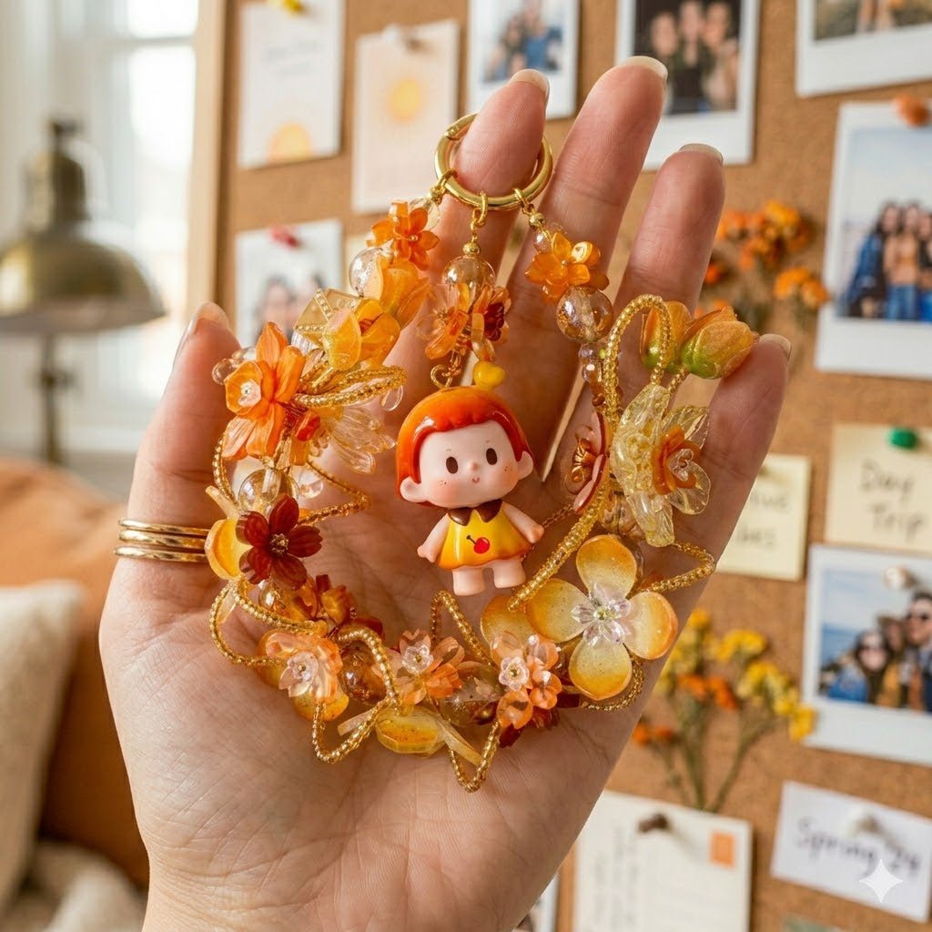 8f43fcd9db80f0d8af1557a750c5dbf4.jpg Flower Girl Bag Charm | Acetate Floral Keychain | Orange Kawaii Car Mirror Charm