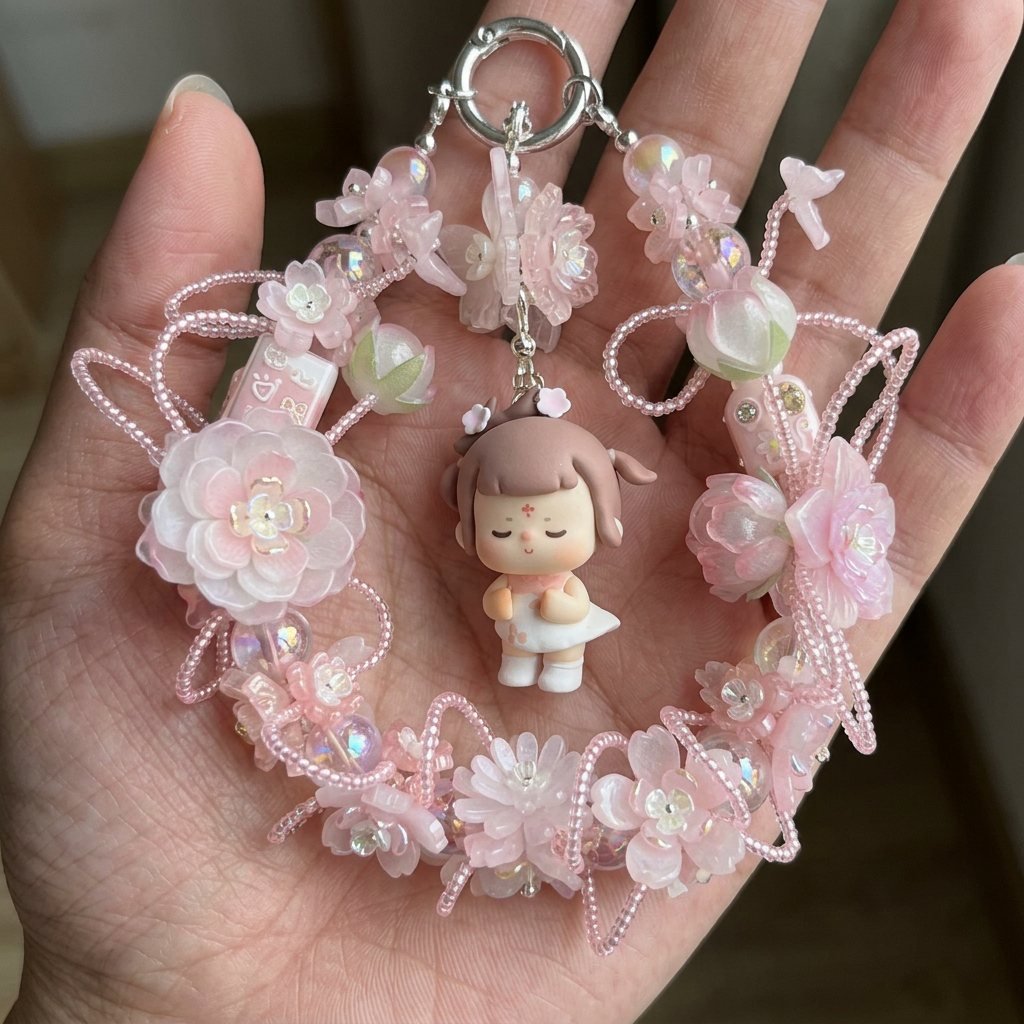 94b02e3b4478b26f594b10ecf896602b.jpg Handmade Brown Hair Pink Floral Doll Charm | Kawaii Bag Keychain Car Mirror Pendant