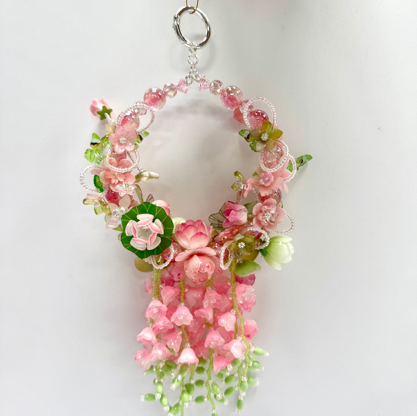 Cache_1927c63c5e0e95c8.jpg Handmade Pink & Green Floral Wreath Charm | Kawaii Bag Keychain Car Mirror Room Decor Pendant