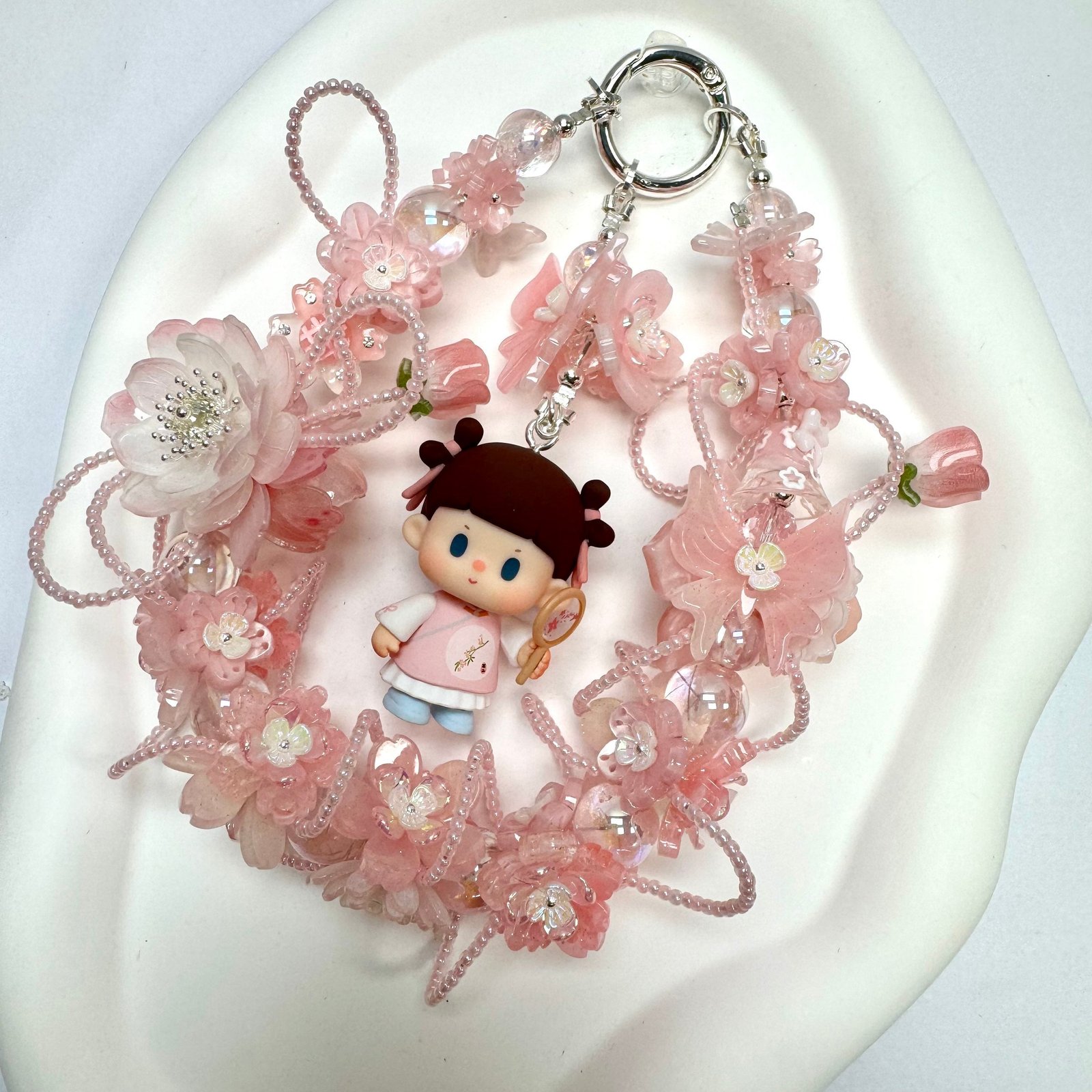 Cache_274eedb7528b3b2e.jpg Handmade Soft Pink Floral Wreath Charm | Butterfly Hanfu Doll Car Mirror Bag Pendant | Silver Clasp Cottagecore Gift