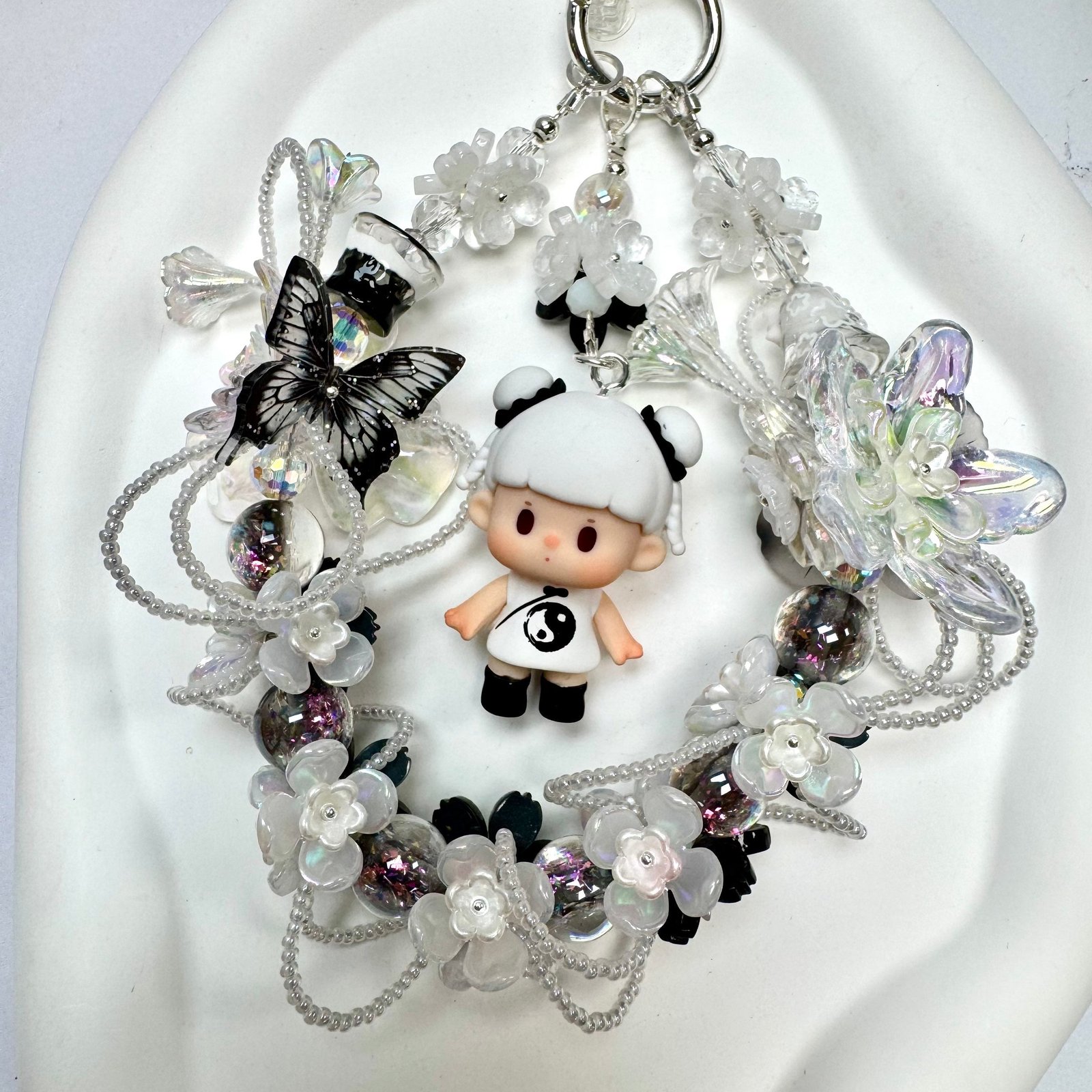 Cache_48e106697d6fa73b_fb58d977-5ae8-4fe6-b3cc-76b8def52416.jpg Handmade Black White Floral Wreath Charm | Panda Doll Car Mirror Bag Pendant | Gothic Kawaii Gift