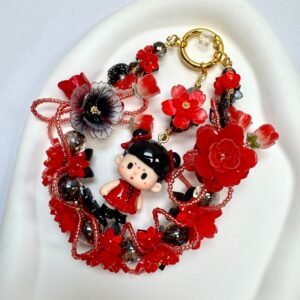 Cache_5549c63ca1e3b7bf.jpg Handmade Red Black Chinese Style Charm | Kawaii Doll Car Mirror Pendant | Traditional Floral Wreath Bag Accessory