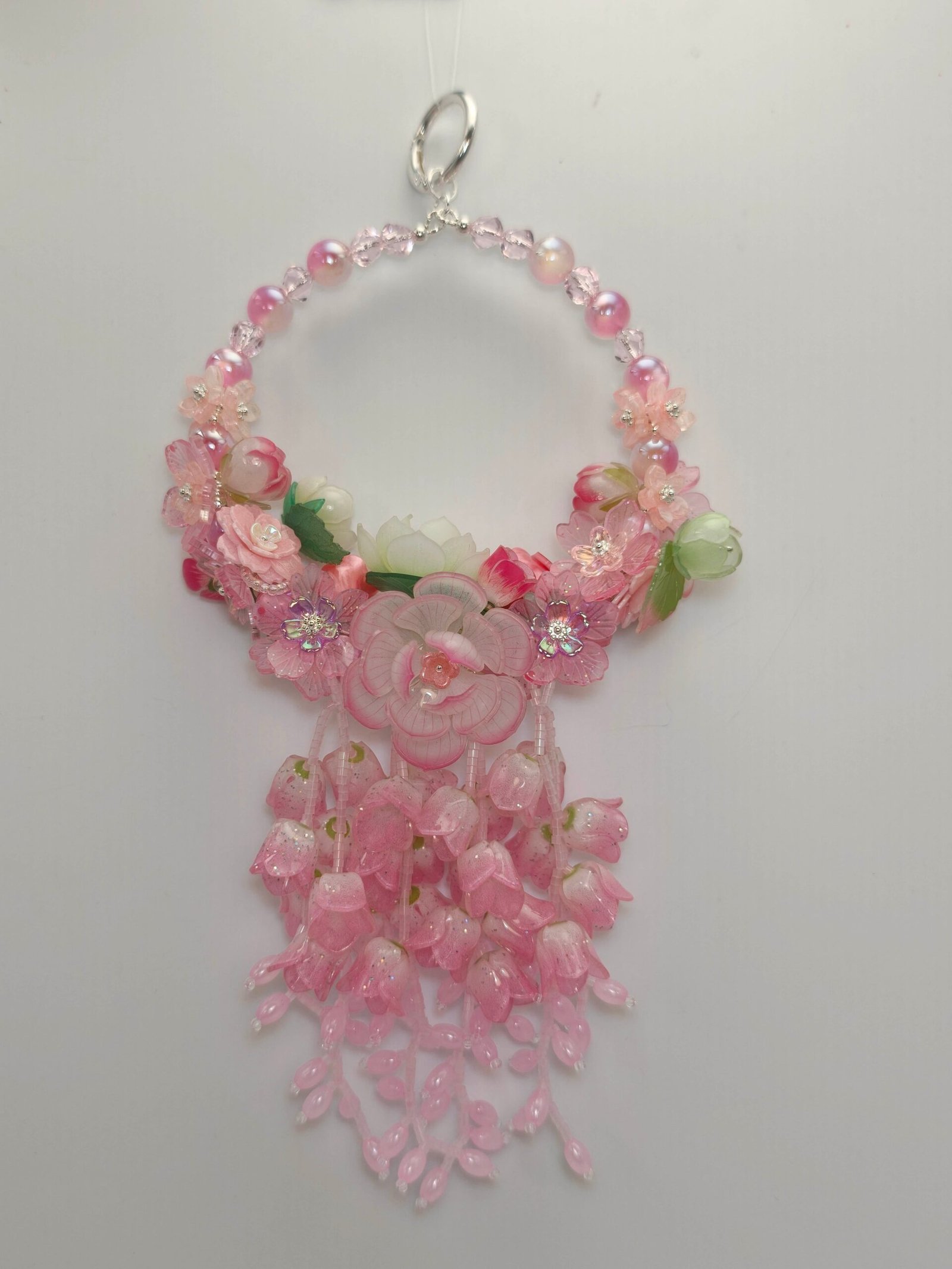 IMG20260507153816_compressed.jpg Dreamy Pink Floral Wreath Charm - Crystal & Cat's Eye Beaded Hanging Decor