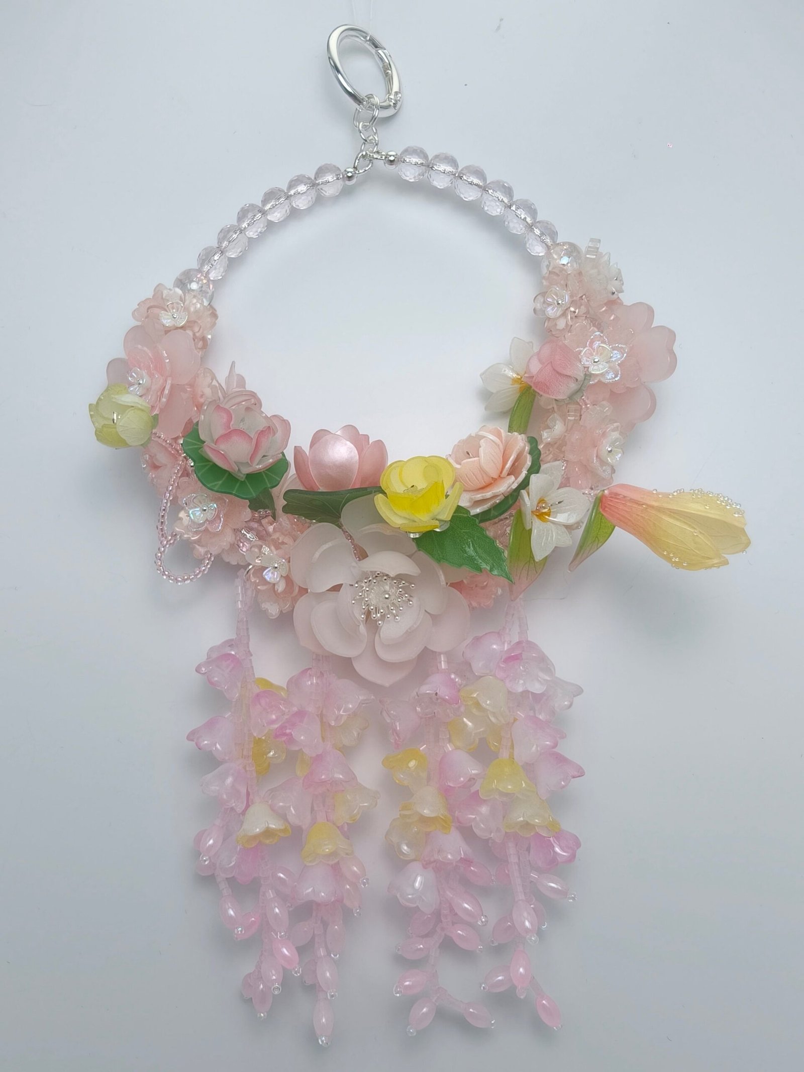 IMG20260507155500_compressed.jpg Dreamy Pink Floral Wreath Charm - Crystal & Cat's Eye Beaded Hanging Decor