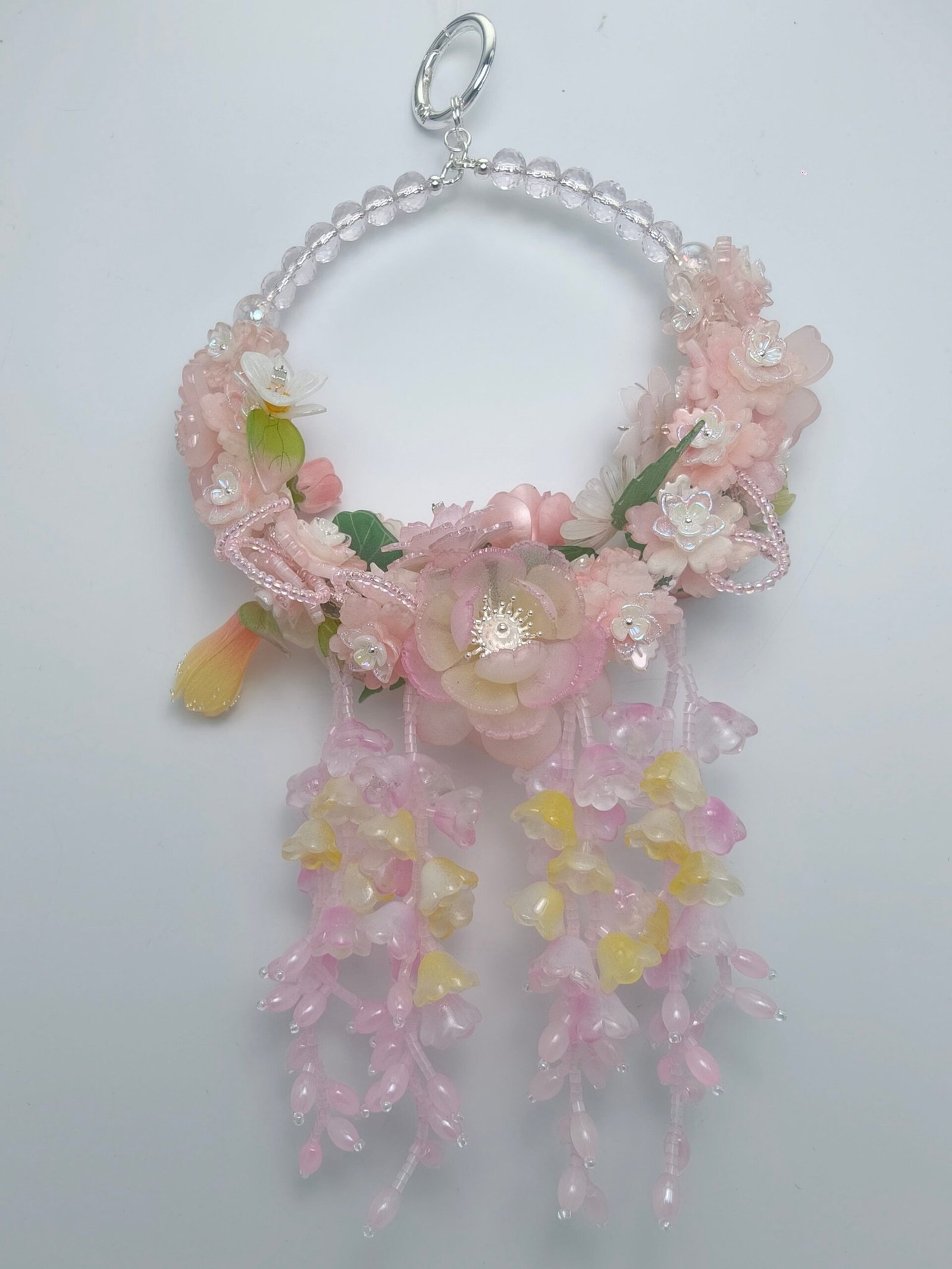 IMG20260507155536_compressed.jpg Dreamy Pink Floral Wreath Charm - Crystal & Cat's Eye Beaded Hanging Decor