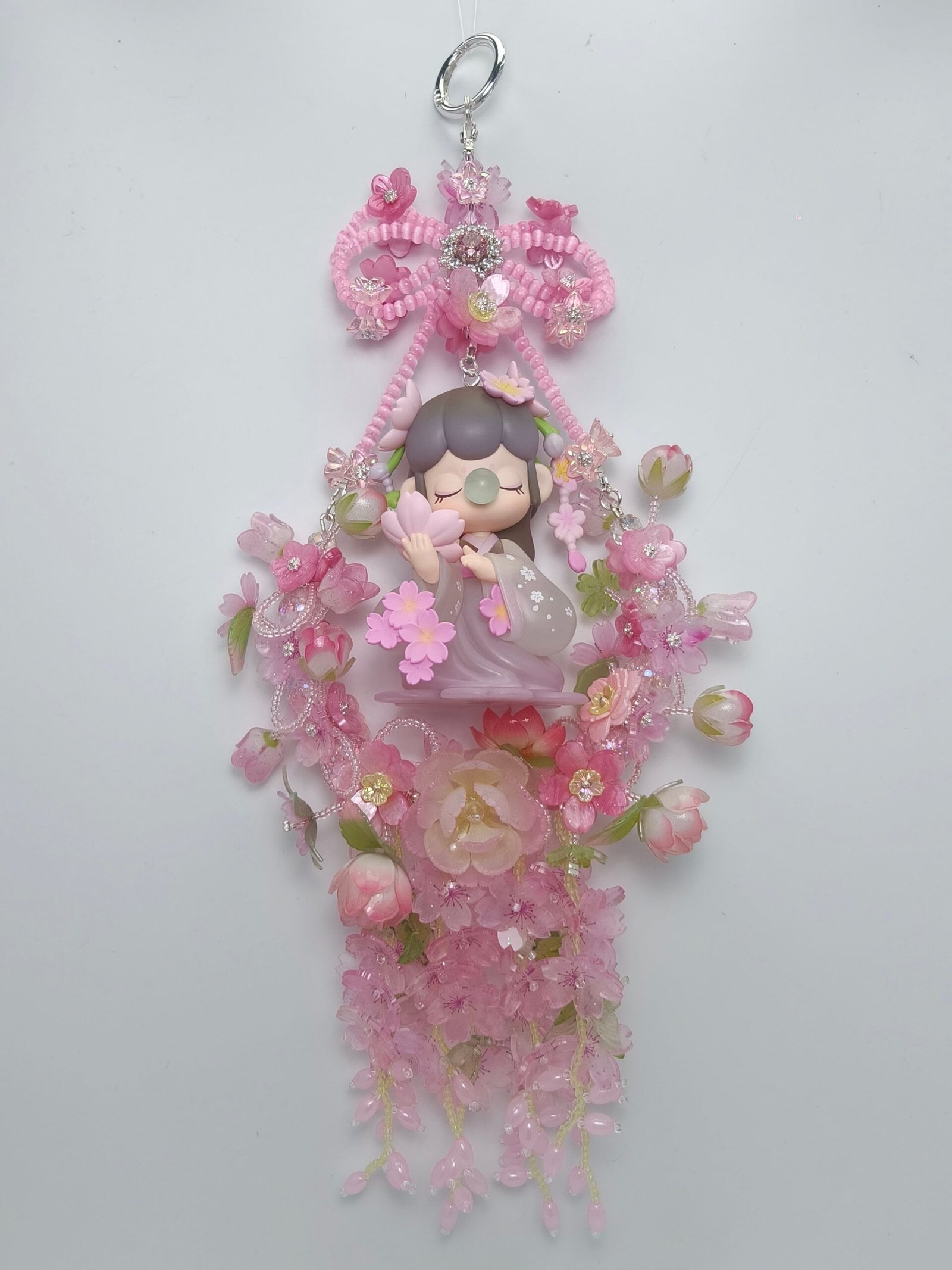 IMG20260507161625_compressed.jpg Handmade Pink Floral Bag Charm, Fairy Car Hanging Ornament, Sakura Wall Decor, Cute Anime Style Accessory, Gift for Her