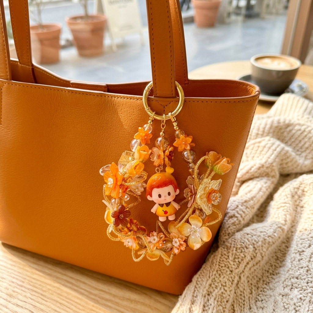 baff5c8055914029cc0a3a99956877c9.png Flower Girl Bag Charm | Acetate Floral Keychain | Orange Kawaii Car Mirror Charm