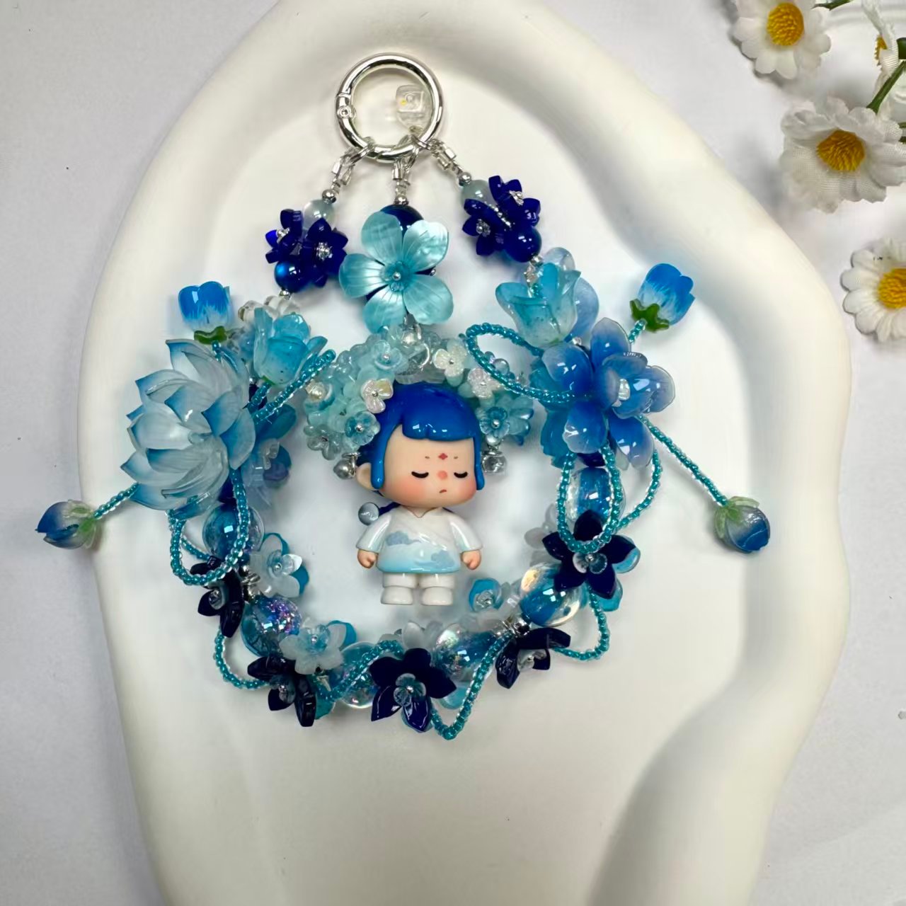c1485b29730e779c3a11099d5301722f.jpg Handmade Blue Floral Wreath Charm | Kawaii Boy Doll Car Mirror Pendant | Ocean Room Decor Gift