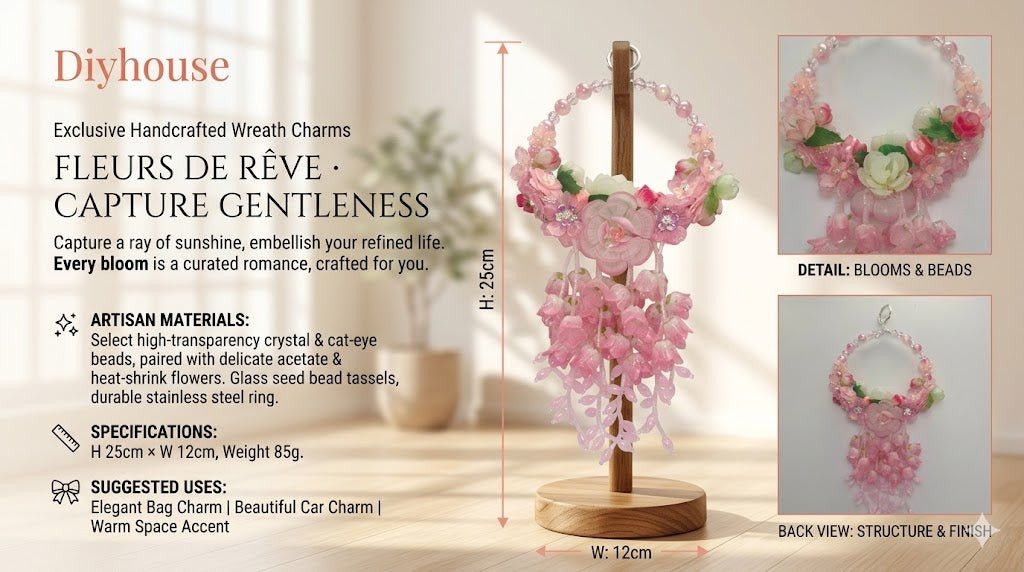 c4907389-d929-42ed-bf4d-5a0bc7f95526.jpg Dreamy Pink Floral Wreath Charm - Crystal & Cat's Eye Beaded Hanging Decor