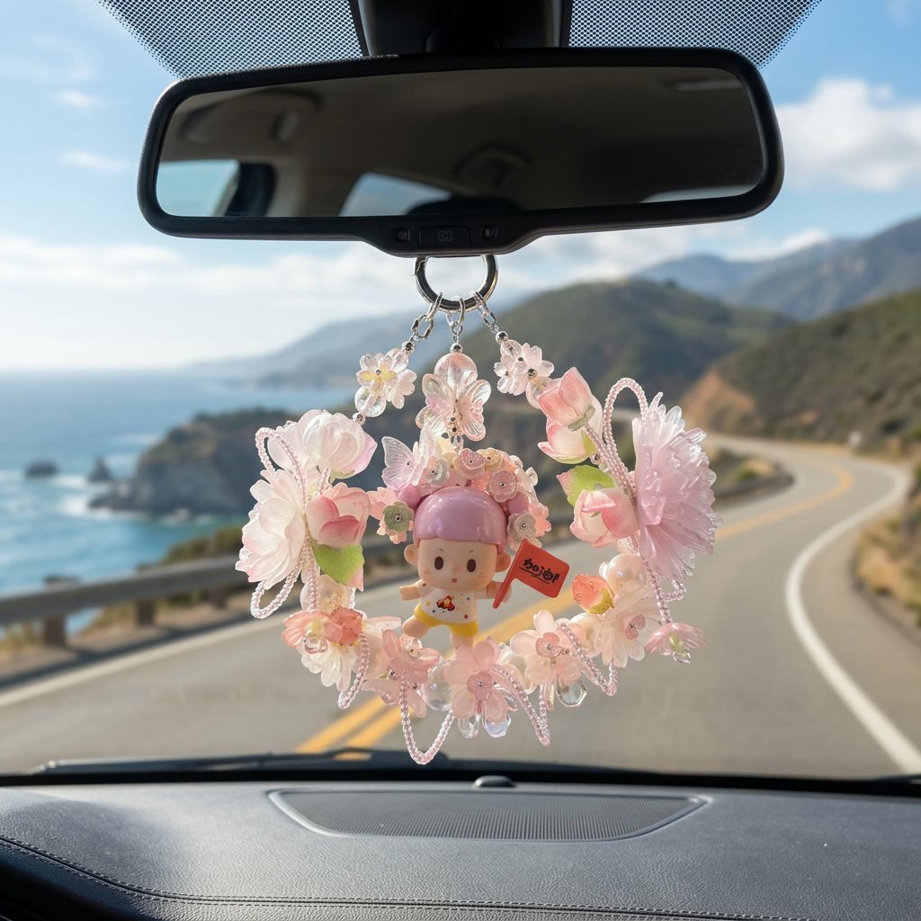 e5f76eaef23aa630df98ea77989d15b5.jpg Handmade Pink Flag Floral Doll Charm | Kawaii Bag Keychain Car Mirror Pendant Gift