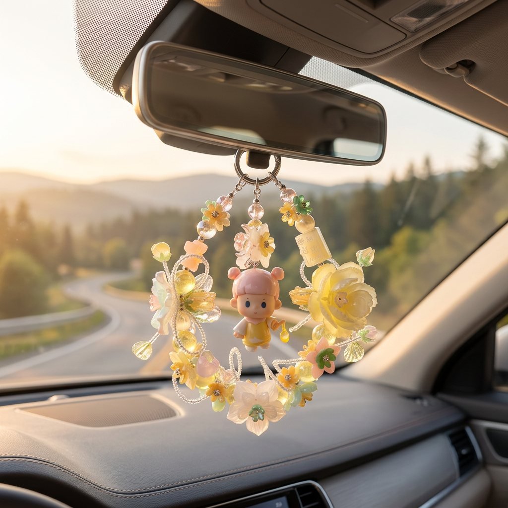 Handmade Yellow Pink Floral Doll Charm | Kawaii Bag Keychain Car Mirror Pendant