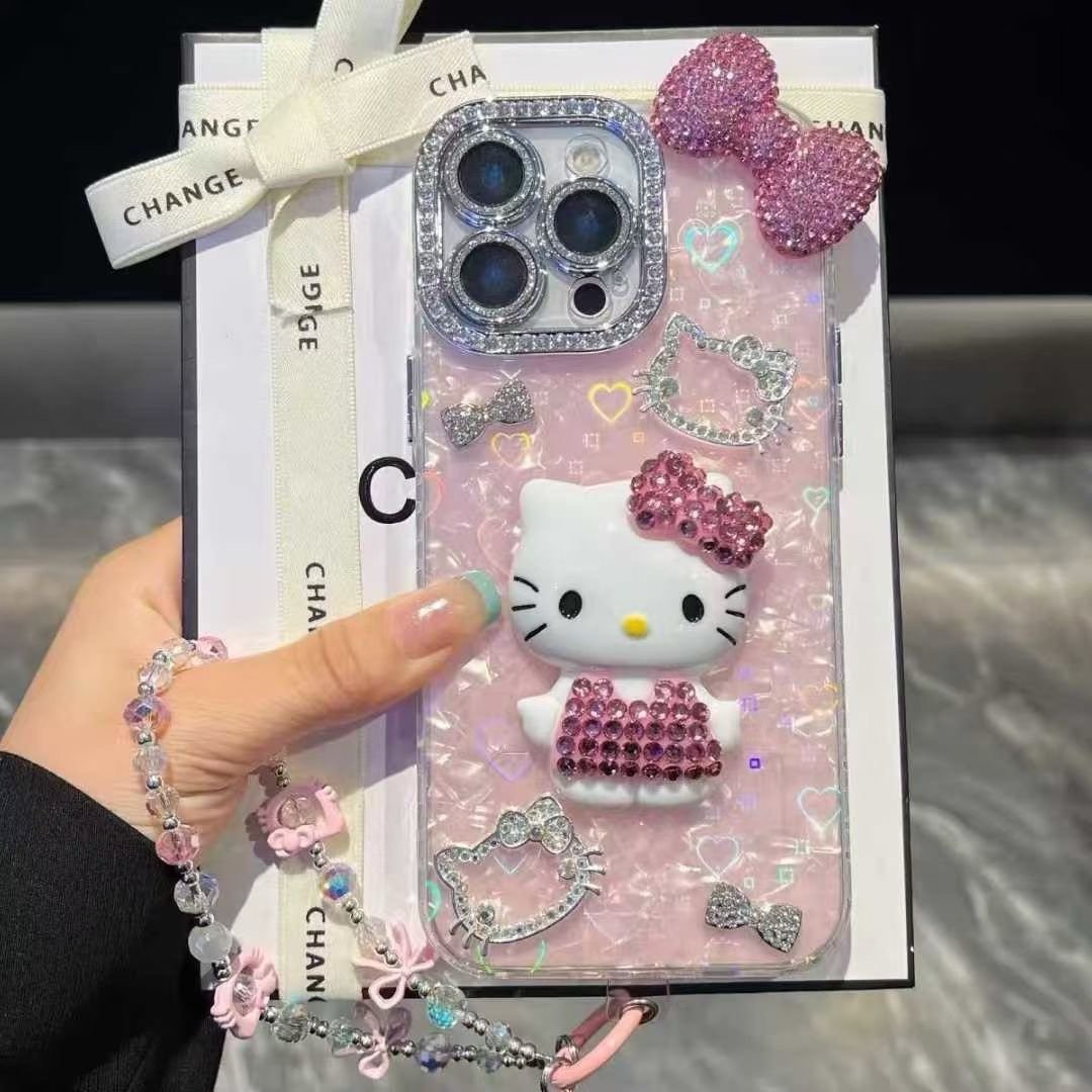 Cartoon Diamond 3D Bow Kitty iPhone Case Bling Glitter Clear Back Cover With Phone Charm