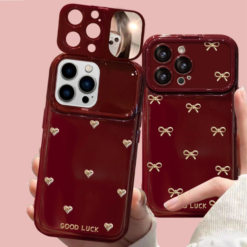 Makeup Mirror Lens Protector Heart iPhone Case Lucky Bow Back Cover With Phone Charm