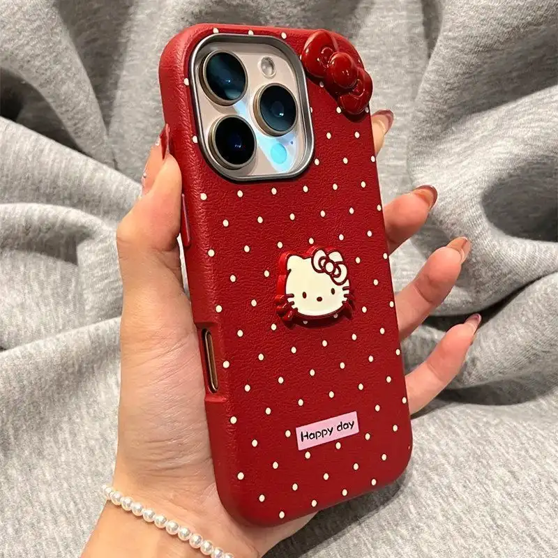 3D Bow Kitty Leather Phone Case Polka Dot Back Cover