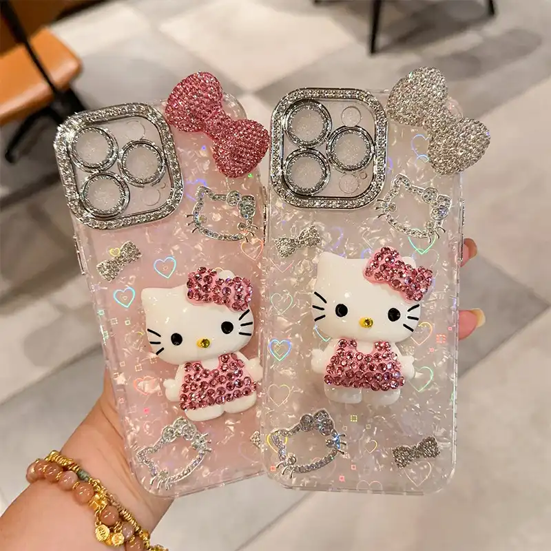 Cartoon Diamond 3D Bow Kitty iPhone Case Bling Glitter Clear Back Cover With Phone Charm 2 cp Cartoon Diamond 3D Bow Kitty iPhone Case Bling Glitter Clear Back Cover With Phone Charm