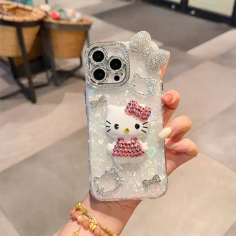 Cartoon Diamond 3D Bow Kitty iPhone Case Bling Glitter Clear Back Cover With Phone Charm 3 cp Cartoon Diamond 3D Bow Kitty iPhone Case Bling Glitter Clear Back Cover With Phone Charm