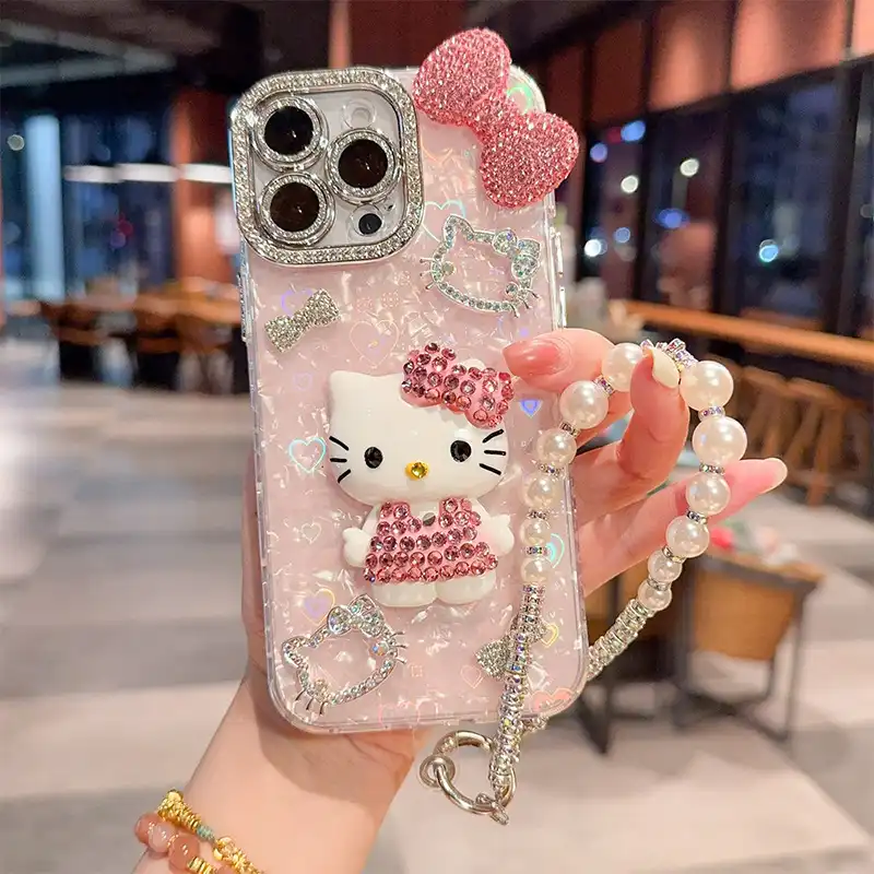 Cartoon Diamond 3D Bow Kitty iPhone Case Bling Glitter Clear Back Cover With Phone Charm 4 cp Cartoon Diamond 3D Bow Kitty iPhone Case Bling Glitter Clear Back Cover With Phone Charm