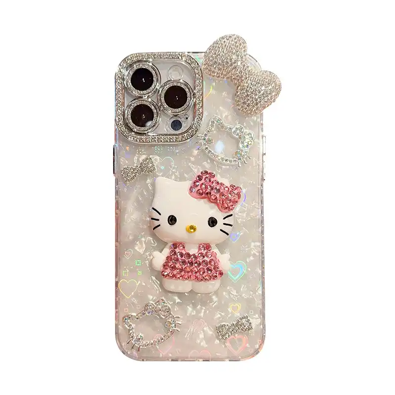 Cartoon Diamond 3D Bow Kitty iPhone Case Bling Glitter Clear Back Cover With Phone Charm 5 cp Cartoon Diamond 3D Bow Kitty iPhone Case Bling Glitter Clear Back Cover With Phone Charm